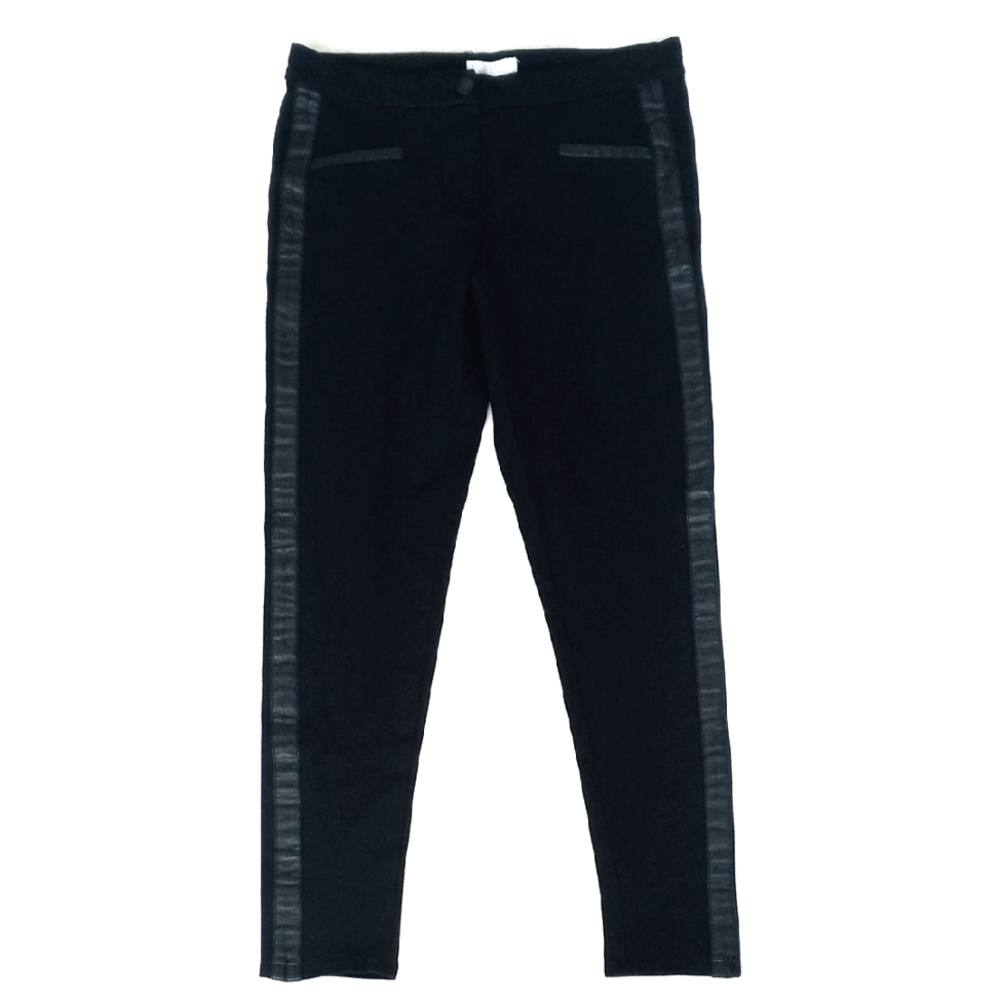 Bisou Bisou Low Rise Black Nylon Rayon Pants w/Faux Leather Side Stripe Panels 4